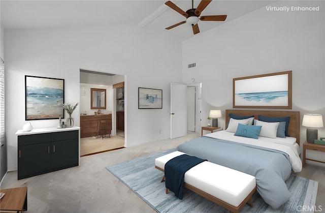 carpeted bedroom featuring beam ceiling, ensuite bath, high vaulted ceiling, and ceiling fan