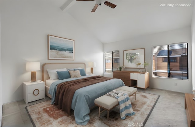 carpeted bedroom featuring ceiling fan, high vaulted ceiling, and beamed ceiling