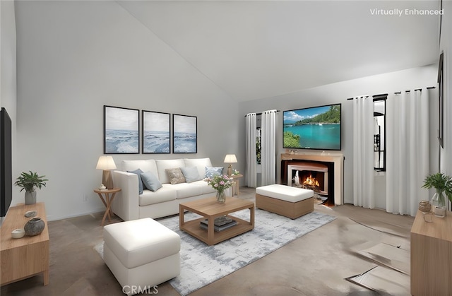 living room featuring concrete floors and high vaulted ceiling