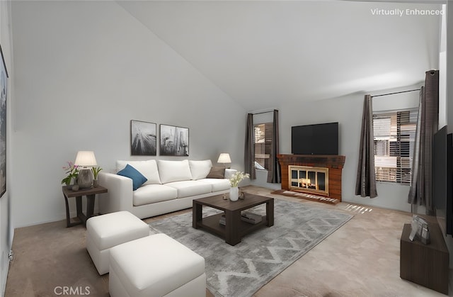 living room with light carpet, a brick fireplace, and high vaulted ceiling