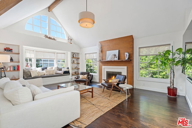 living room featuring a fireplace, beam ceiling, dark hardwood / wood-style floors, and high vaulted ceiling