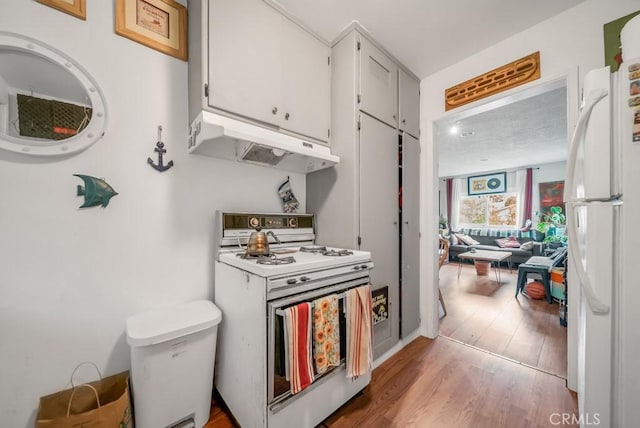 kitchen featuring white cabinetry, white appliances, and wood-type flooring