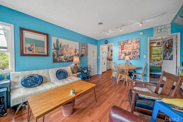 living room featuring hardwood / wood-style flooring, track lighting, and a textured ceiling