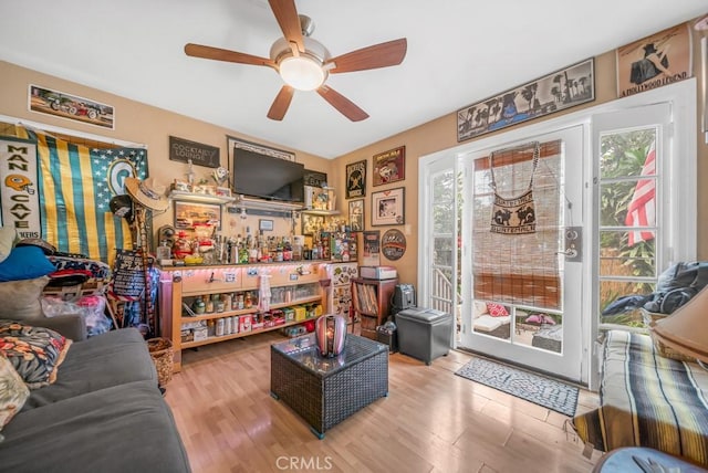 interior space with ceiling fan and light hardwood / wood-style flooring