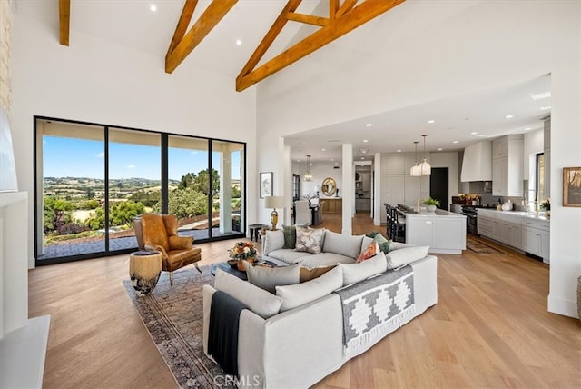 living room with high vaulted ceiling, beam ceiling, and light hardwood / wood-style flooring