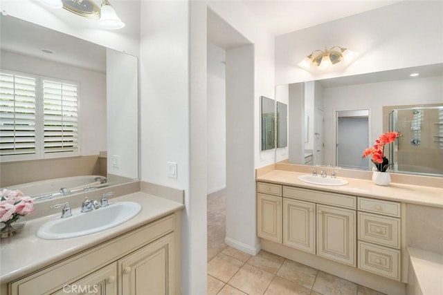 bathroom featuring tile patterned floors, vanity, and plus walk in shower