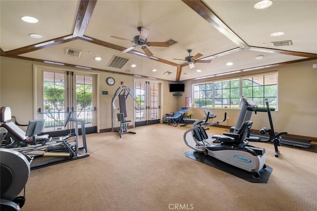 gym featuring ceiling fan, french doors, carpet, and a healthy amount of sunlight