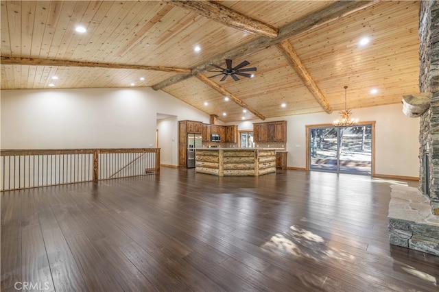 unfurnished living room featuring wooden ceiling, ceiling fan with notable chandelier, dark hardwood / wood-style floors, and beamed ceiling