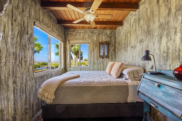 bedroom featuring wood ceiling, beam ceiling, and ceiling fan