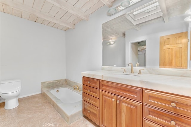 bathroom featuring wood ceiling, toilet, vanity, tile patterned floors, and tiled bath