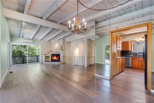 unfurnished living room featuring a wall unit AC, sink, wood ceiling, and hardwood / wood-style flooring