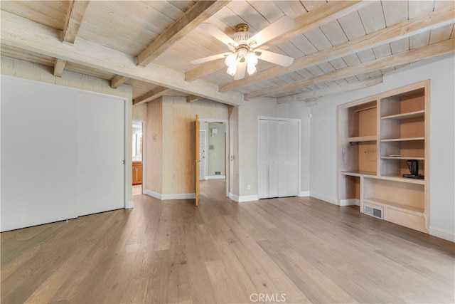 unfurnished living room featuring beamed ceiling, wooden ceiling, light wood-type flooring, and ceiling fan