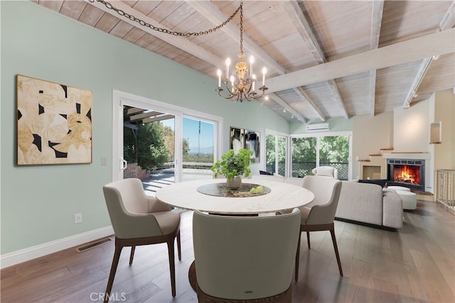 dining room featuring a wealth of natural light, lofted ceiling with beams, and wood-type flooring