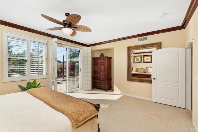 bedroom with light carpet, crown molding, visible vents, and access to exterior