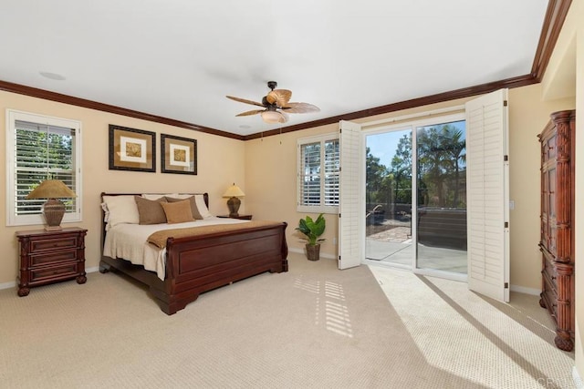 bedroom featuring access to exterior, carpet, baseboards, and crown molding