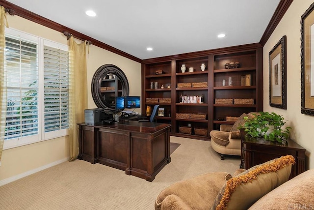 office with baseboards, recessed lighting, light colored carpet, and crown molding