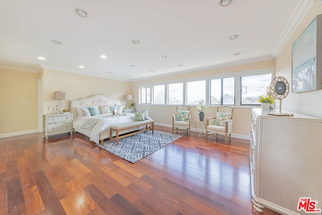 bedroom with dark wood-type flooring and ornamental molding