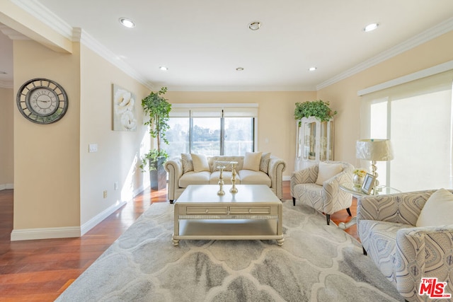 living room featuring hardwood / wood-style floors and ornamental molding