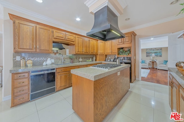 kitchen featuring a kitchen island, sink, light tile patterned flooring, black dishwasher, and island range hood