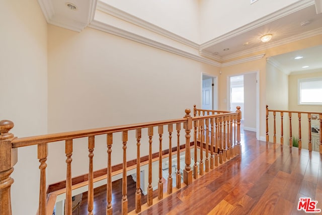 corridor featuring hardwood / wood-style flooring and ornamental molding