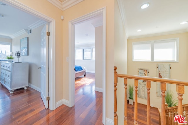 hallway with dark hardwood / wood-style flooring and ornamental molding