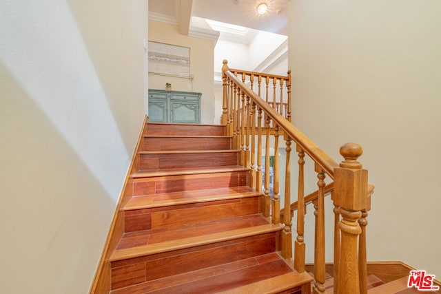 stairway featuring wood-type flooring, a skylight, and crown molding