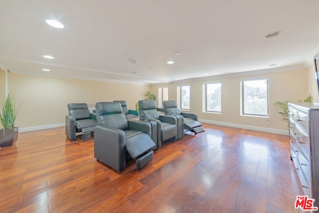 home theater featuring crown molding and wood-type flooring