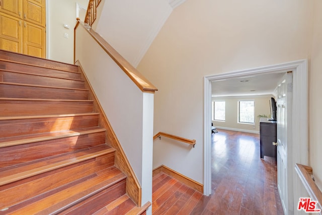 stairs featuring ornamental molding and hardwood / wood-style floors