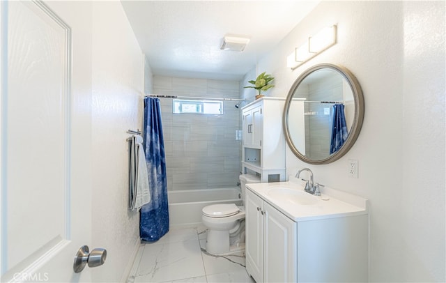 full bathroom with vanity, a textured ceiling, toilet, and shower / bathtub combination with curtain