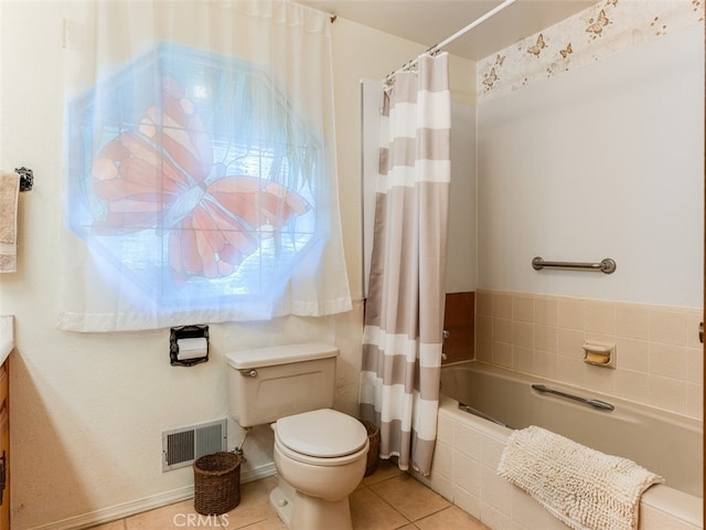 full bathroom with vanity, tile patterned floors, shower / bath combo, and toilet