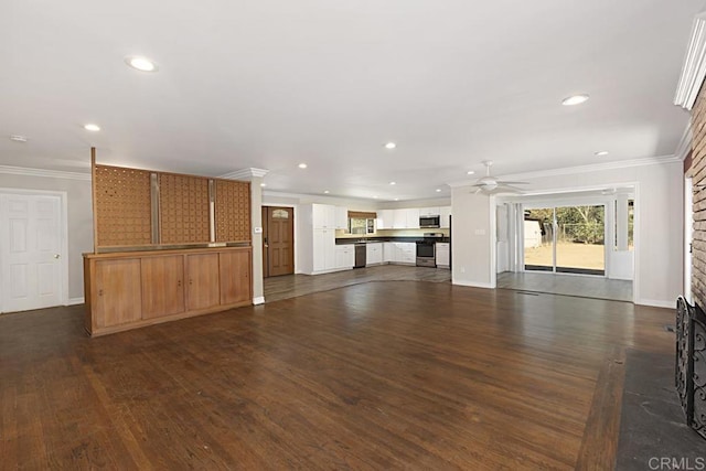 unfurnished living room with dark hardwood / wood-style floors, ceiling fan, and ornamental molding