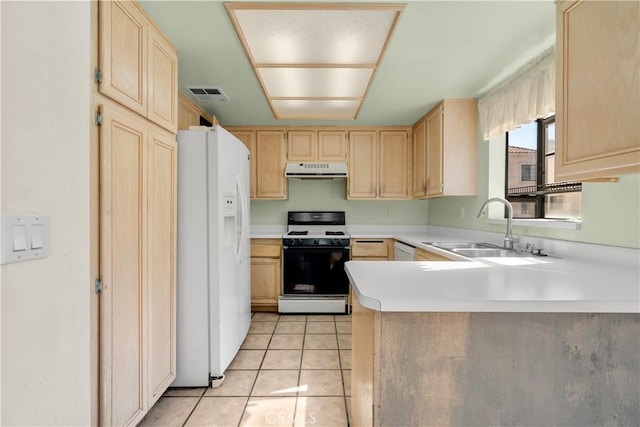 kitchen featuring sink, light brown cabinets, kitchen peninsula, white appliances, and light tile patterned floors