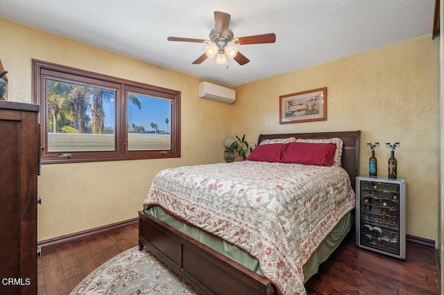 bedroom featuring ceiling fan, an AC wall unit, wine cooler, and dark hardwood / wood-style floors