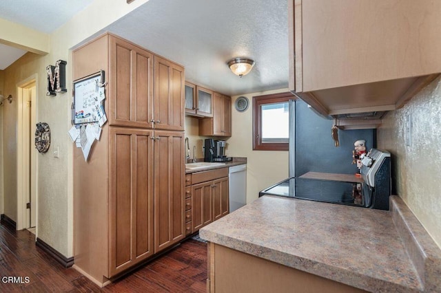 kitchen with extractor fan, appliances with stainless steel finishes, sink, and dark hardwood / wood-style floors