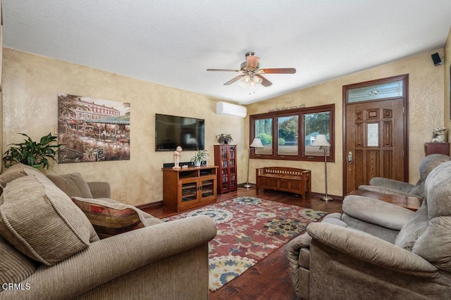 living room featuring a wall mounted air conditioner, ceiling fan, vaulted ceiling, and dark hardwood / wood-style flooring