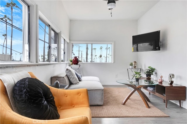 living room with ceiling fan and light hardwood / wood-style flooring