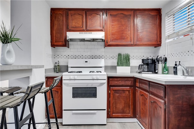 kitchen with light hardwood / wood-style flooring, white range, tasteful backsplash, and sink