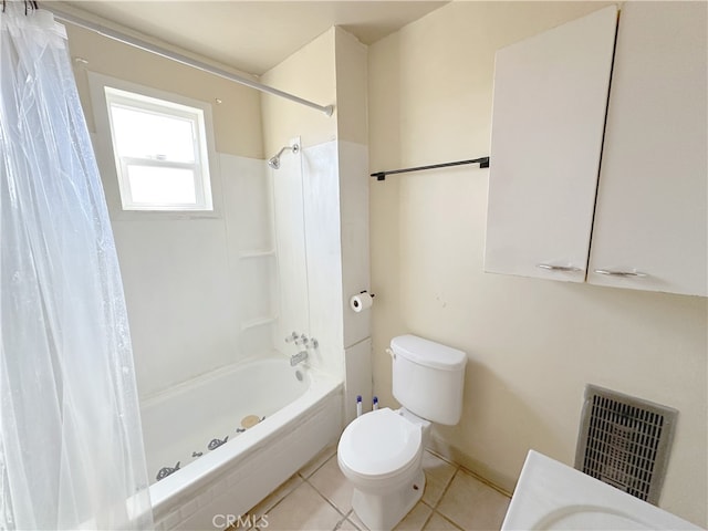 full bathroom featuring vanity, tile patterned flooring, toilet, and shower / bathtub combination with curtain