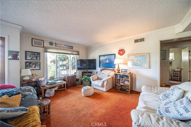 living room featuring carpet flooring, crown molding, and a textured ceiling