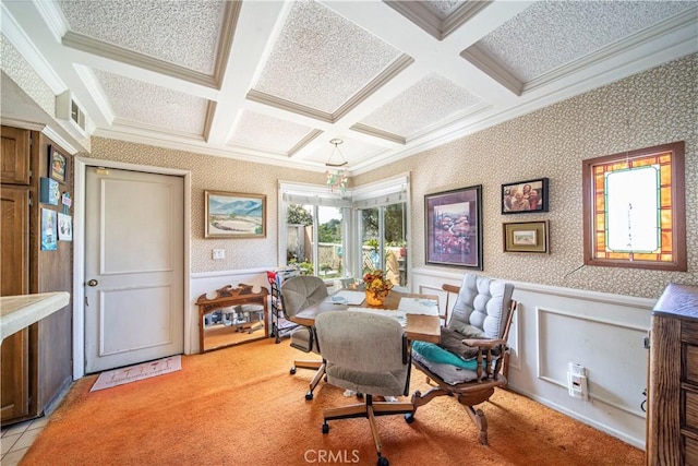 interior space featuring beamed ceiling, coffered ceiling, and ornamental molding