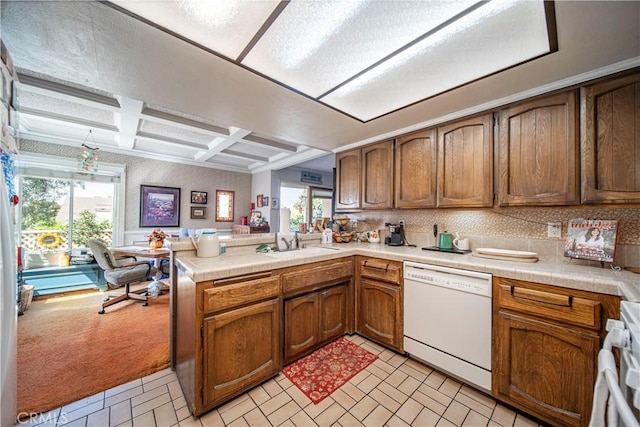 kitchen with kitchen peninsula, a wealth of natural light, sink, and white appliances