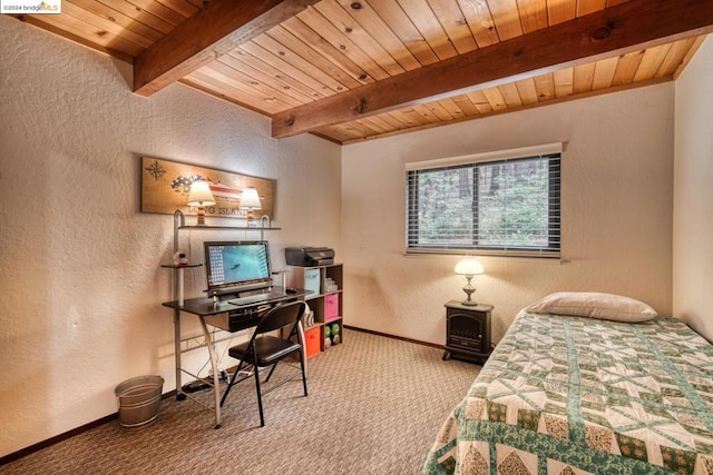 carpeted bedroom with wooden ceiling and beam ceiling