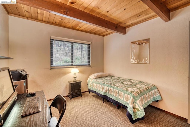 bedroom featuring wood ceiling, beam ceiling, and carpet