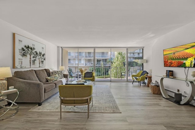 living room with light wood-type flooring and expansive windows