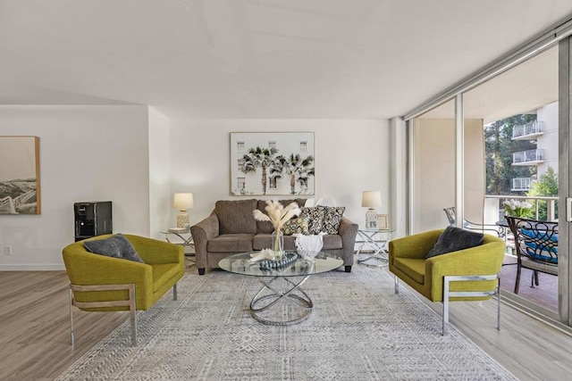 living room with hardwood / wood-style flooring and floor to ceiling windows