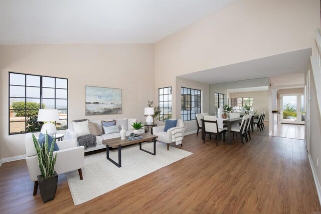 living room with hardwood / wood-style floors and high vaulted ceiling