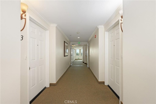 hall with light carpet and crown molding