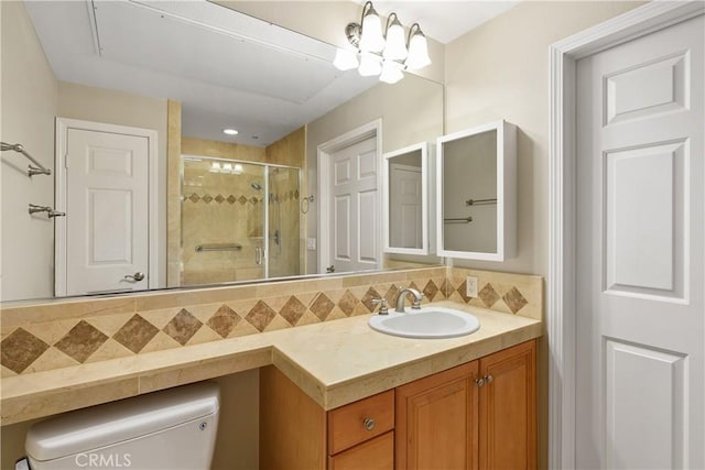 bathroom with walk in shower, a chandelier, toilet, decorative backsplash, and vanity