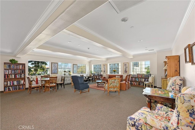 carpeted living room with beam ceiling and ornamental molding