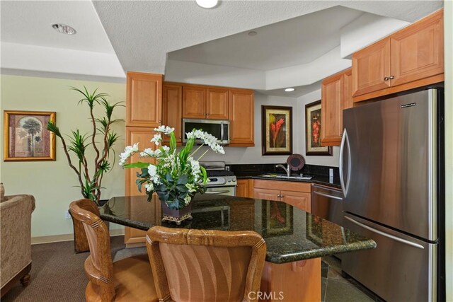 kitchen featuring stainless steel appliances, a tray ceiling, sink, dark stone countertops, and a breakfast bar area